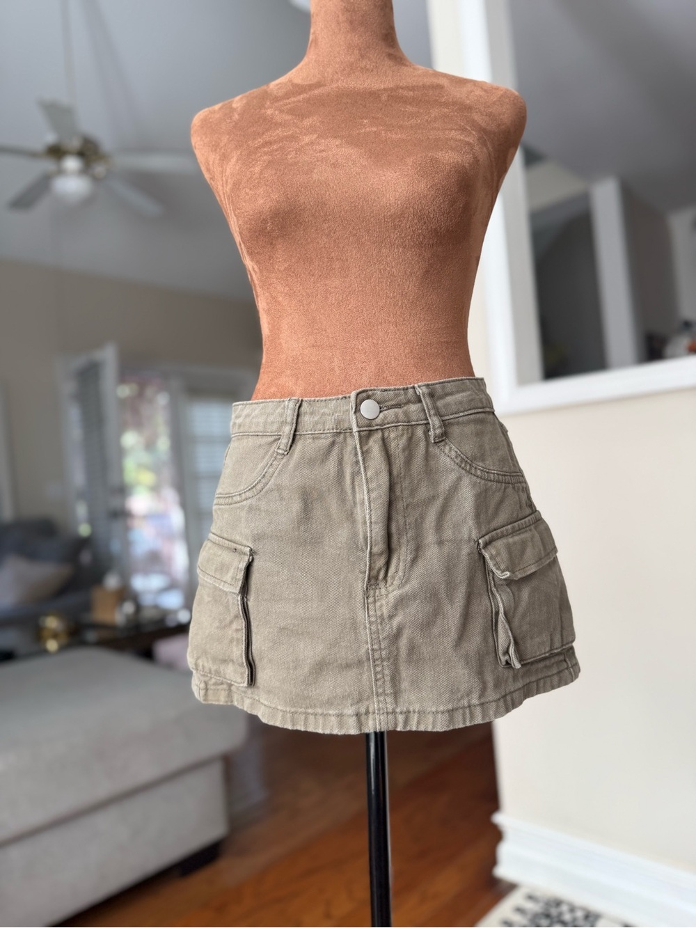 Olive Green Cargo Pocket Mini Skirt - Picture 3 of 7